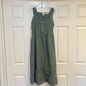 Malvin Linen green Sleeveless belt pockets long dress lagenlook costal beach XL